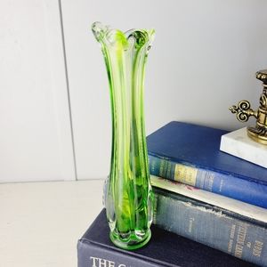 Vintage Six Finger Glass Swung Vase - Emerald Green to Clear - 9 inch Bud Vase